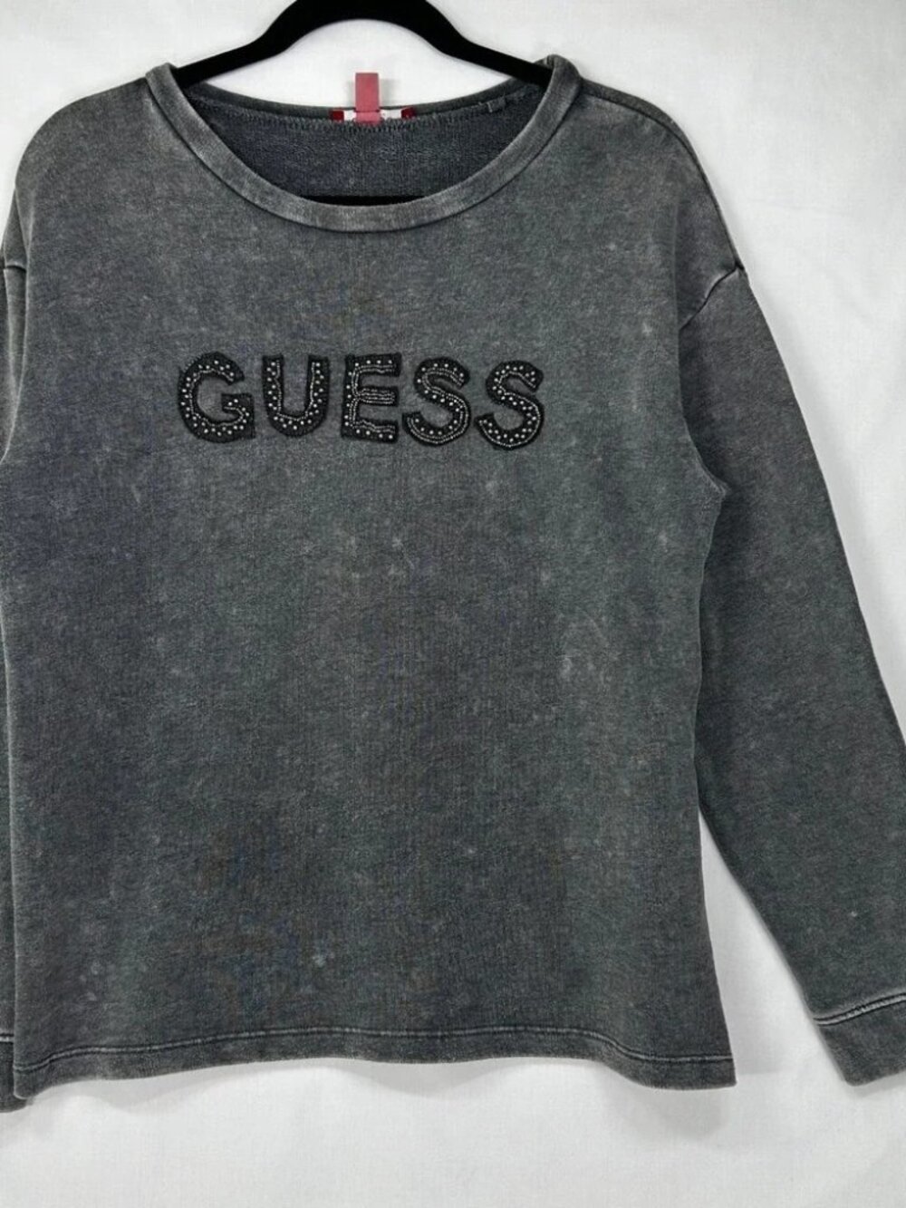 Guess Los Angeles Gray Acid Wash Beaded Logo Long Sleeve Top M